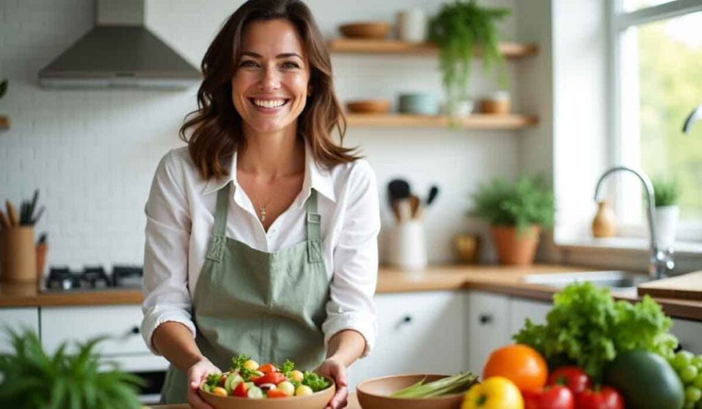 A woman in an apron smiles while holding a bowl of fresh salad in a bright kitchen with various vegetables on the counter.