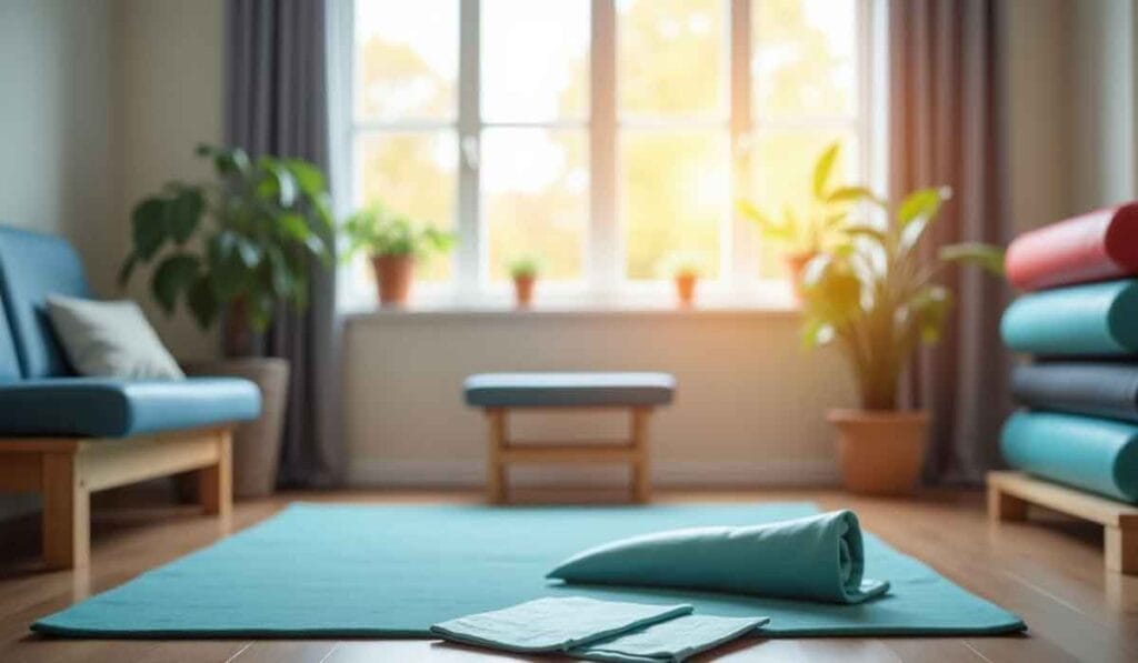 A sunlit yoga room with a blue mat on a wooden floor, surrounded by plants and folded mats on shelves.