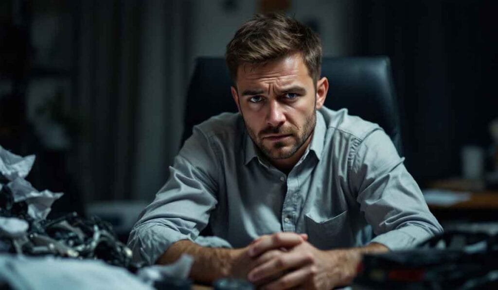 A man with a serious expression sits at a desk, surrounded by crumpled paper, in a dimly lit room.