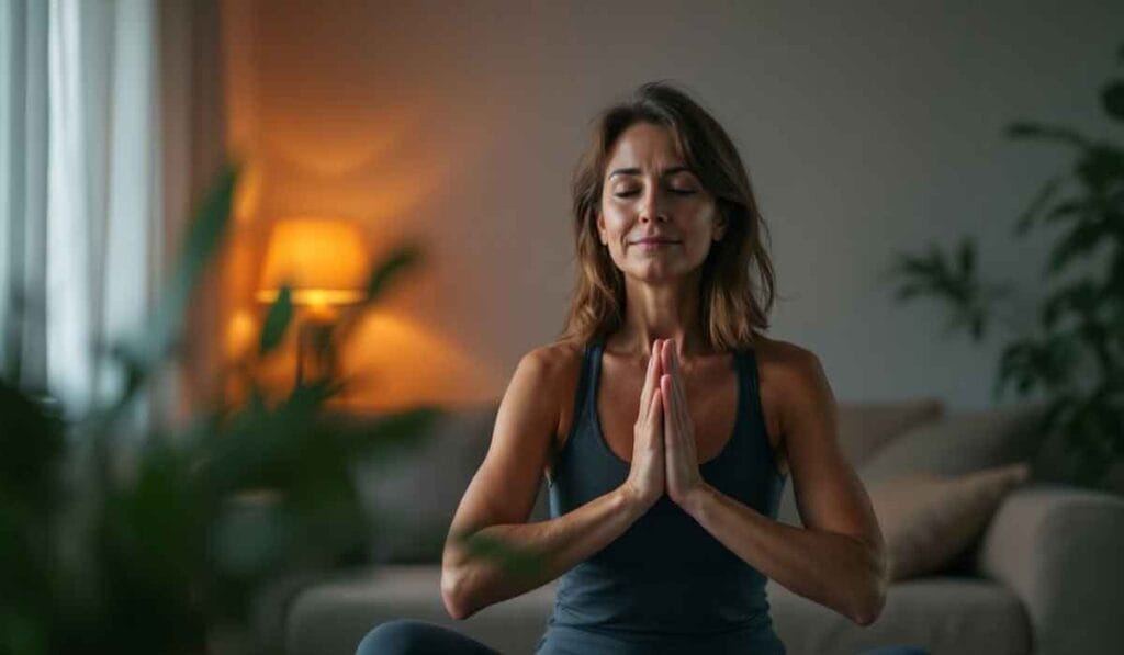 A woman sits cross-legged in a dimly lit living room with palms together, eyes closed, in a meditative pose. A lamp and plants are visible in the background.